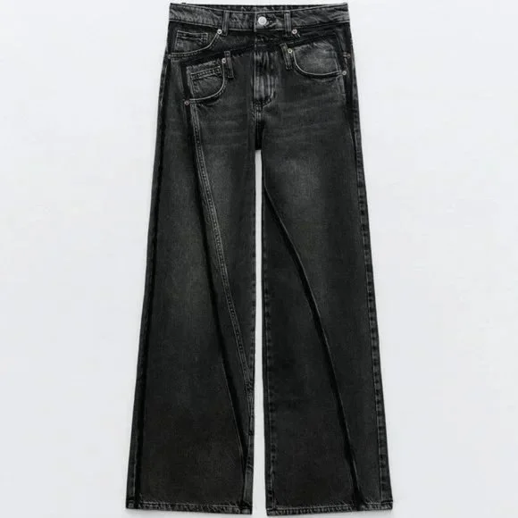 ZARA TRF WIDE LEG DOUBLE MID WAIST JEANS